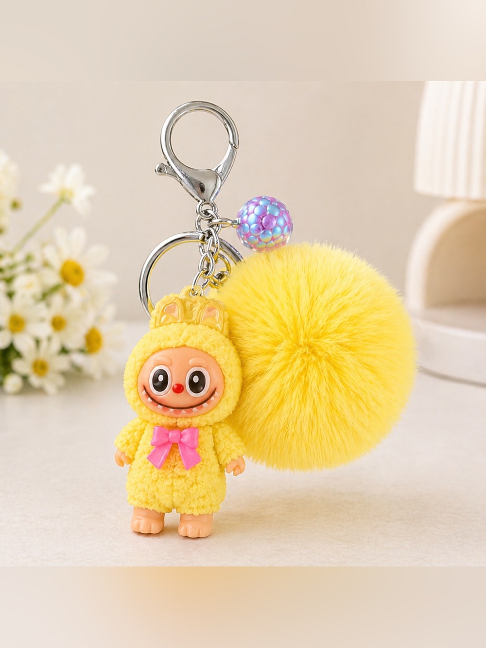 Yellow Pom Pom Keychain Cute Doll Charm Labubu Inspired Bag Accessory